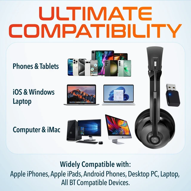 Alt view image 5 of 7 - 30X Bluetooth Computer Headset with Noise Canceling Mic HiFi Stereo Sound, Headset Stand & Auto Pair USB Dongle for PC, Laptop, MacBook & Compatible with MS Team and More - Black