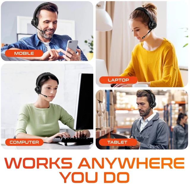 Alt view image 7 of 7 - 30X Bluetooth Computer Headset with Noise Canceling Mic HiFi Stereo Sound, Headset Stand & Auto Pair USB Dongle for PC, Laptop, MacBook & Compatible with MS Team and More - Black