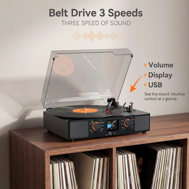 Alt view image 2 of 7 - Vinyl Record Player with Built-in Speakers, 3-Speed Belt-Drive Bluetooth Turntable with LCD Display, USB Playback, Clock, RCA, AUX & Headphone Jacks, Black