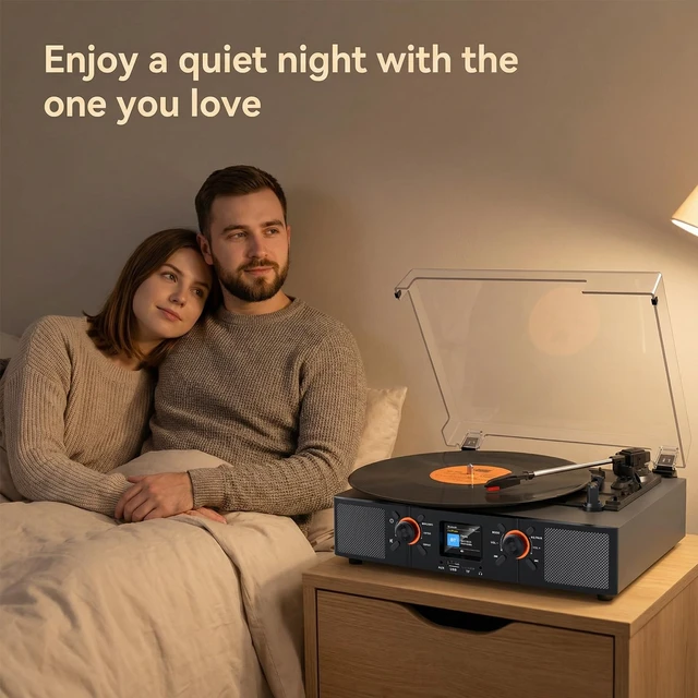 Alt view image 3 of 7 - Vinyl Record Player with Built-in Speakers, 3-Speed Belt-Drive Bluetooth Turntable with LCD Display, USB Playback, Clock, RCA, AUX & Headphone Jacks, Black