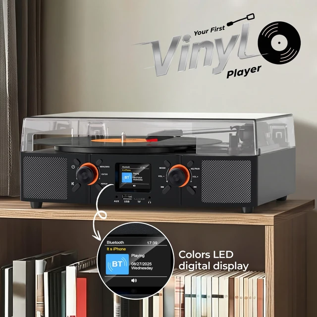 Alt view image 5 of 7 - Vinyl Record Player with Built-in Speakers, 3-Speed Belt-Drive Bluetooth Turntable with LCD Display, USB Playback, Clock, RCA, AUX & Headphone Jacks, Black