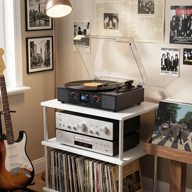 Alt view image 4 of 7 - Vinyl Record Player with Built-in Speakers, 3-Speed Belt-Drive Bluetooth Turntable with LCD Display, USB Playback, Clock, RCA, AUX & Headphone Jacks, Black