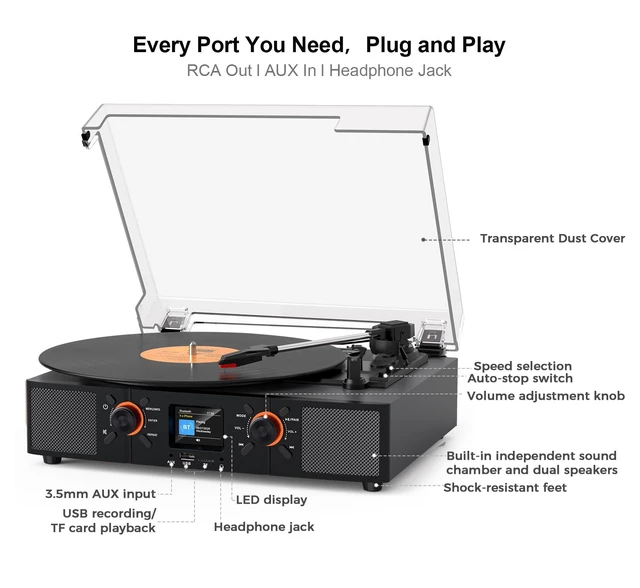 Alt view image 6 of 7 - Vinyl Record Player with Built-in Speakers, 3-Speed Belt-Drive Bluetooth Turntable with LCD Display, USB Playback, Clock, RCA, AUX & Headphone Jacks, Black