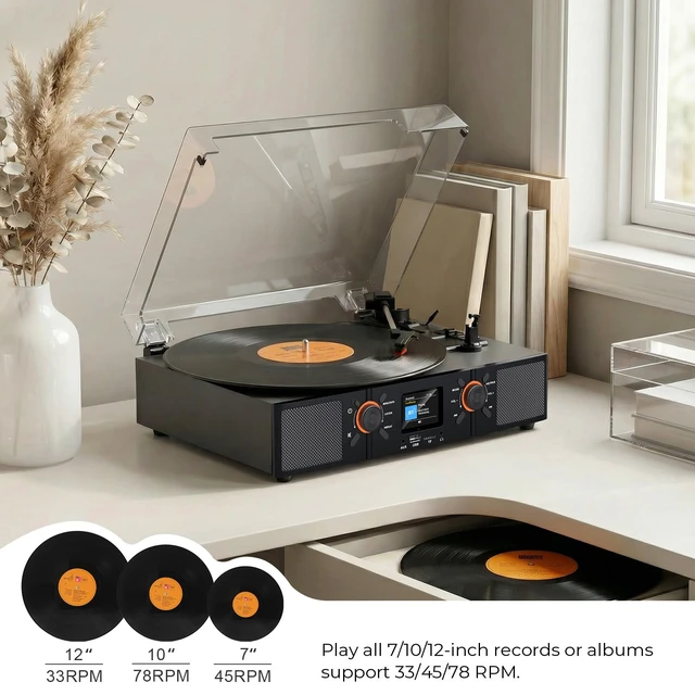 Alt view image 7 of 7 - Vinyl Record Player with Built-in Speakers, 3-Speed Belt-Drive Bluetooth Turntable with LCD Display, USB Playback, Clock, RCA, AUX & Headphone Jacks, Black