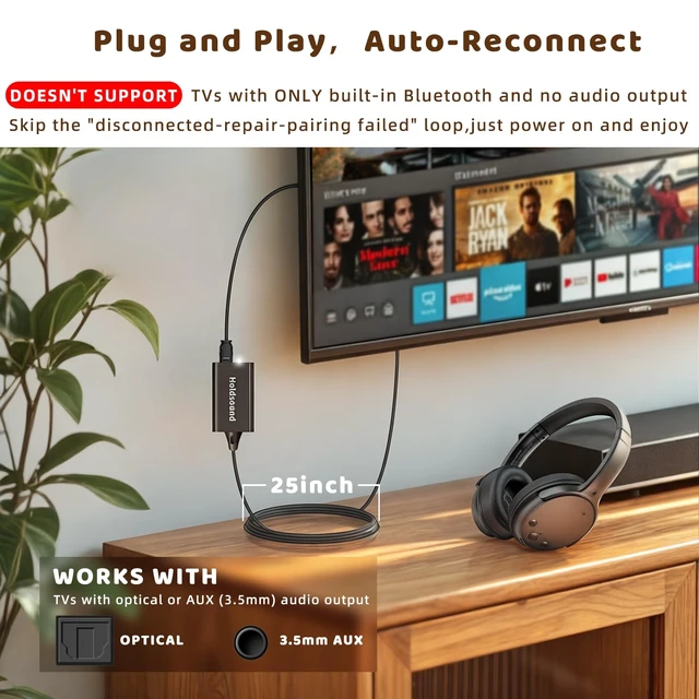 Alt view image 5 of 7 - Wireless Headphones for TV with Extension Transmitter TV Headphones Wireless for Seniors with USB Extension Cable,Auto-Reconnect, No Lip-Sync Delay, 40H Battery
