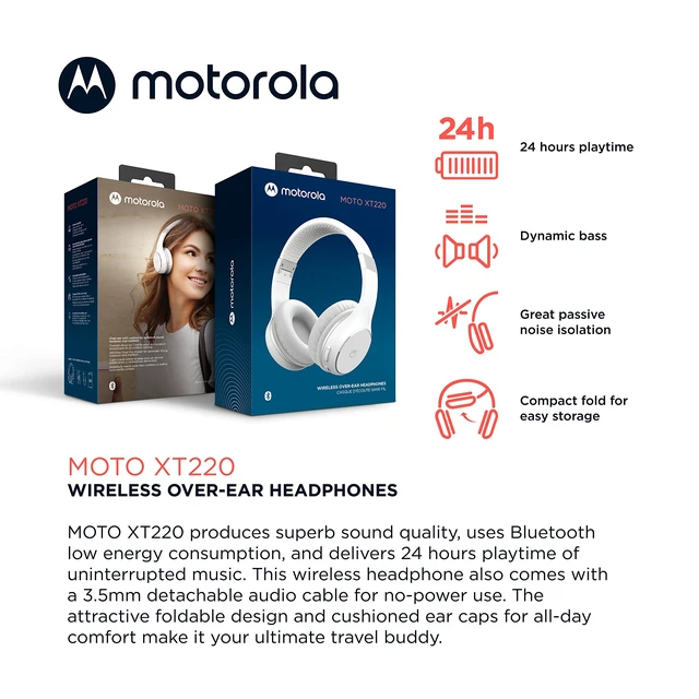 Alt view image 2 of 6 - Moto XT220 Bluetooth Wireless Headphones with Microphone, in-Line Control for Calls - Foldable Over-Ear Head Phones, Adjustable Headband, Dynamic Bass, Clear Sound - White