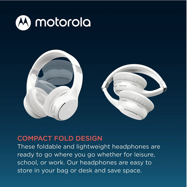 Alt view image 3 of 6 - Moto XT220 Bluetooth Wireless Headphones with Microphone, in-Line Control for Calls - Foldable Over-Ear Head Phones, Adjustable Headband, Dynamic Bass, Clear Sound - White