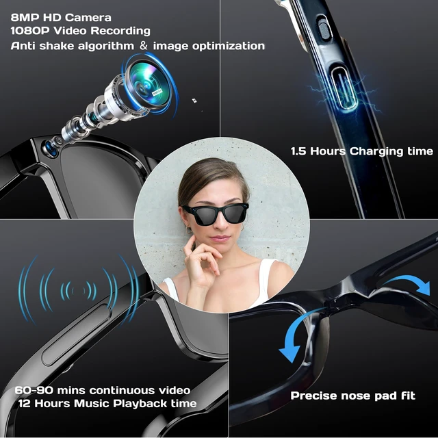 Alt view image 3 of 7 - AI Smart Glasses with Camera, 8MP HD Video & Photo Capture for Travel Video Recording Sunglasses, Open-Ear Audio, RealTime Translation, Interchangeable Blue Light & UV Protection Lenses