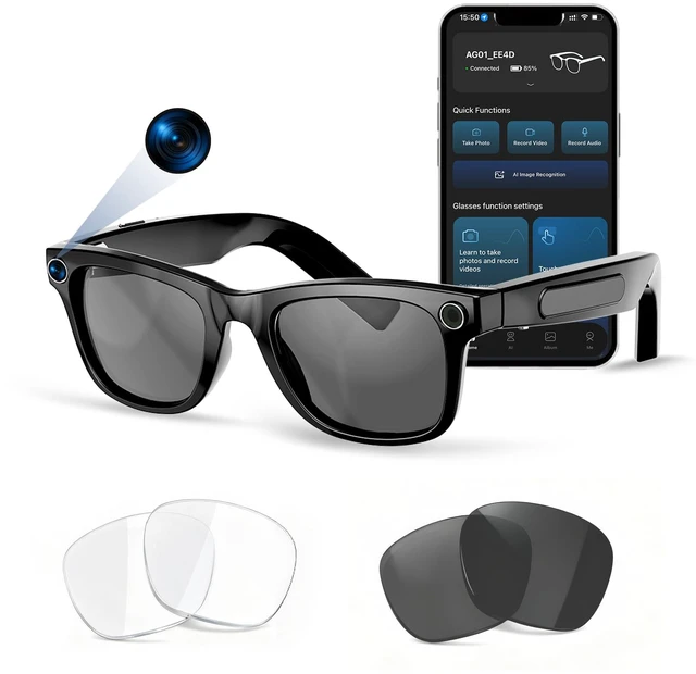 Main image of AI Smart Glasses with Camera, 8MP HD Video & Photo Capture for Travel Video Recording Sunglasses, Open-Ear Audio, RealTime Translation, Interchangeable Blue Light & UV Protection Lenses