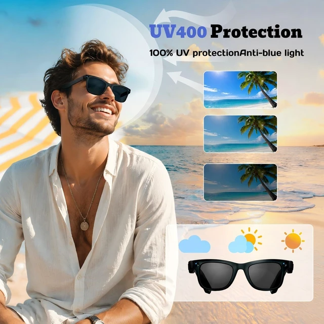 Alt view image 7 of 7 - AI Smart Glasses with Camera, 8MP HD Video & Photo Capture for Travel Video Recording Sunglasses, Open-Ear Audio, RealTime Translation, Interchangeable Blue Light & UV Protection Lenses