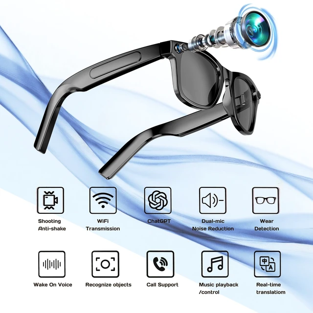 Alt view image 2 of 7 - AI Smart Glasses with Camera, 8MP HD Video & Photo Capture for Travel Video Recording Sunglasses, Open-Ear Audio, RealTime Translation, Interchangeable Blue Light & UV Protection Lenses