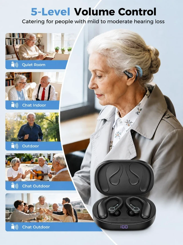 Alt view image 4 of 7 - VOULAO Open-Ear Bluetooth Headphones, Personal Sound Amplification Earbuds with Noise Cancellation, 5-Level Volume Control, IPX4 Waterproof, Anti-Fall Ear Hooks for Clearer Listening & Daily Use