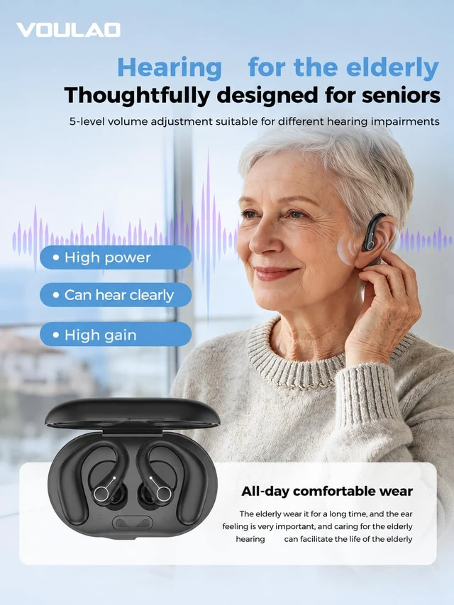 Alt view image 7 of 7 - VOULAO Open-Ear Bluetooth Headphones, Personal Sound Amplification Earbuds with Noise Cancellation, 5-Level Volume Control, IPX4 Waterproof, Anti-Fall Ear Hooks for Clearer Listening & Daily Use