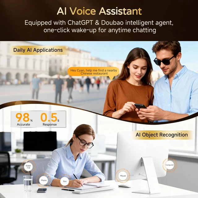Alt view image 3 of 7 - AI Smart Glasses with Camera, 8MP 4K HD Video & Photo Capture, Real-Time Translation, Recording Glasses with AI Assistant, Open-Ear Audio, Object Recognition, for Vlog, Outdoor & Hiking(Clear lens)