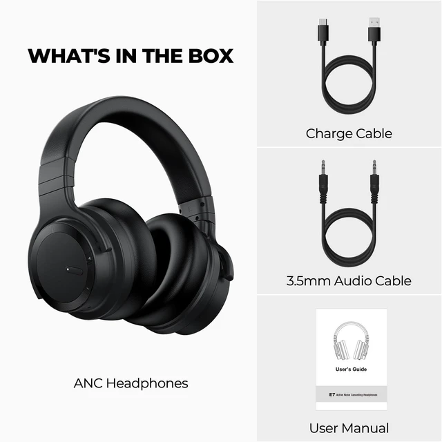 Alt view image 4 of 7 - E7 Active Noise Cancelling Headphones Wireless Bluetooth Headphones with Rich Bass, Wireless Headphones with Clear Calls, Bluetooth 5.0, 30 Hours Playtime, Comfort Fit, Model 3