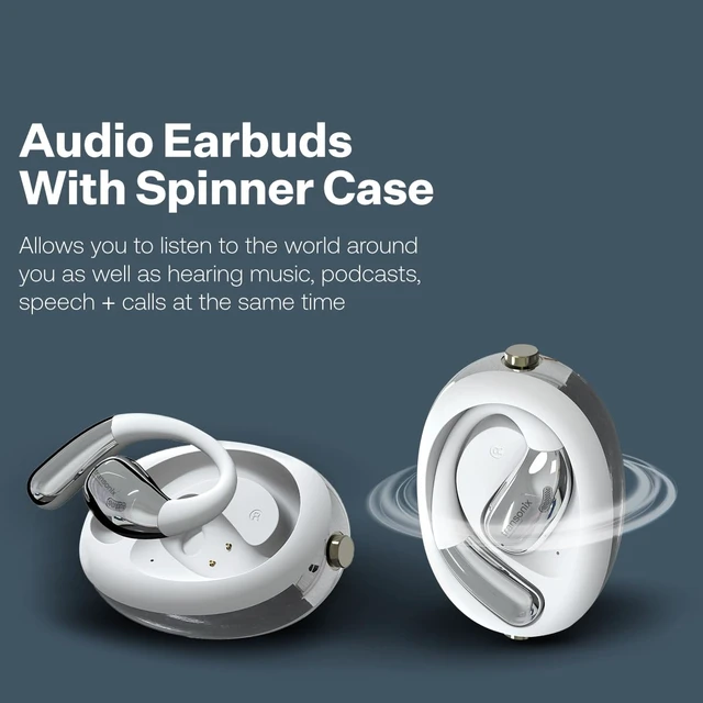 Alt view image 2 of 7 - TravelerAI Spin Bluetooth Earbuds with Fidget Spinner Case, Open-Ear Audio, Real-Time AI Translation in 159+ Languages, White