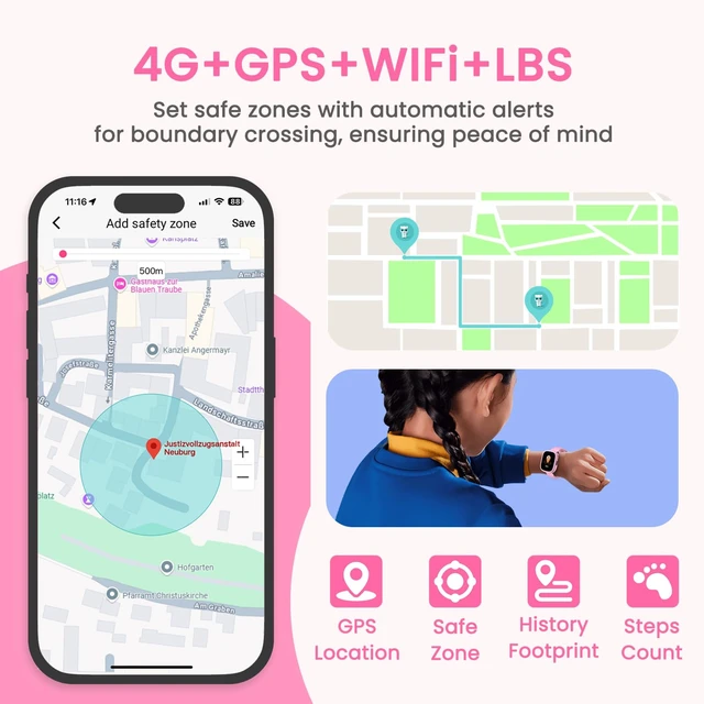 Alt view image 4 of 7 - Watch Phone for Kids, Kids Smart Watch with GPS Tracker, 1.7 Inch HD 4G Smartwatch with Video Calls, Texting, Parental App, SOS, Music, Alarm Clock, School Mode, IP68 Waterproof for Ages 5-12