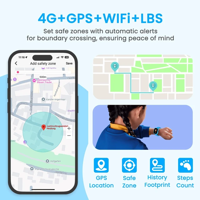 Alt view image 4 of 6 - K3 Smart Watch for Kids with GPS Tracker, 1.7 Inch HD 4G Smartwatch with Video Calls, Texting, Parental App, SOS, Music, Alarm Clock, School Mode, IP68 Waterproof for Ages 5-12