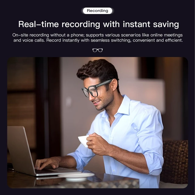 Alt view image 5 of 7 - Smart AI Glasses with 4K Camera, Open-Ear Audio for Daily Use 4K Video Recording, Real-Time Translation, Photochromic Lenses, Smart Voice Assistant, Open-Ear Audio for Travel, Work, Music