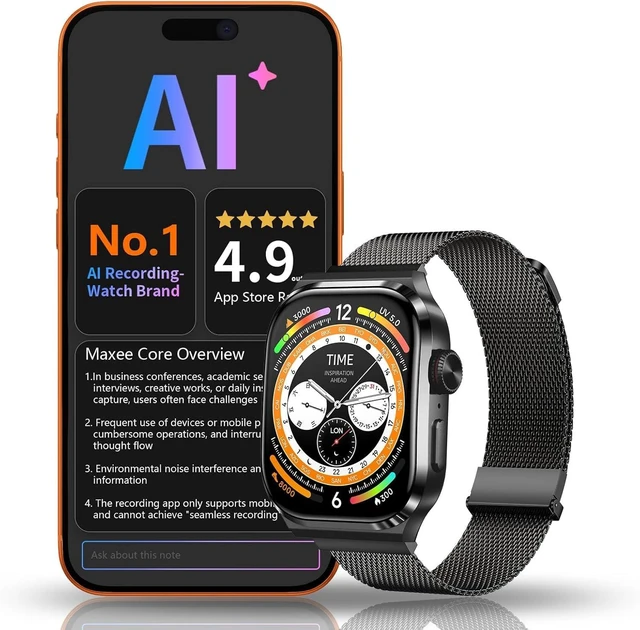 Main image of AI Smart Watch with Voice Recorder, Transcribe & Summarize with AI for Meetings, App Control, Supports 135 Languages, 2.13" AMOLED Display, Health, Fitness & Sleep Tracker, 80+ Workout Modes, Black