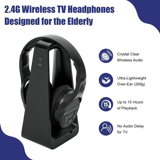 Alt view image 3 of 7 - Wireless TV Headphones for Seniors with Large Buttons, 2.4G RF Transmitter Charging Dock, Support Digital Optical/RCA/AUX Output, Bluetooth Over-Ear Headset with 3EQ Modes, 100ft Range No Audio Delay