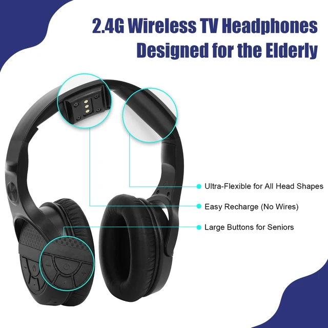 Alt view image 2 of 7 - Wireless TV Headphones for Seniors with Large Buttons, 2.4G RF Transmitter Charging Dock, Support Digital Optical/RCA/AUX Output, Bluetooth Over-Ear Headset with 3EQ Modes, 100ft Range No Audio Delay