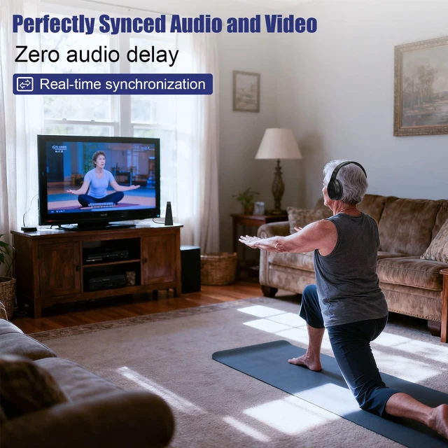 Alt view image 5 of 7 - Wireless TV Headphones for Seniors with Large Buttons, 2.4G RF Transmitter Charging Dock, Support Digital Optical/RCA/AUX Output, Bluetooth Over-Ear Headset with 3EQ Modes, 100ft Range No Audio Delay