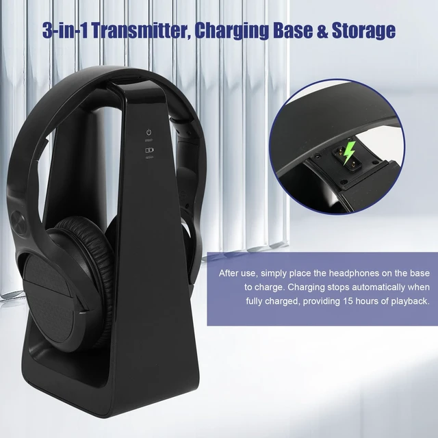 Alt view image 4 of 7 - Wireless TV Headphones for Seniors with Large Buttons, 2.4G RF Transmitter Charging Dock, Support Digital Optical/RCA/AUX Output, Bluetooth Over-Ear Headset with 3EQ Modes, 100ft Range No Audio Delay