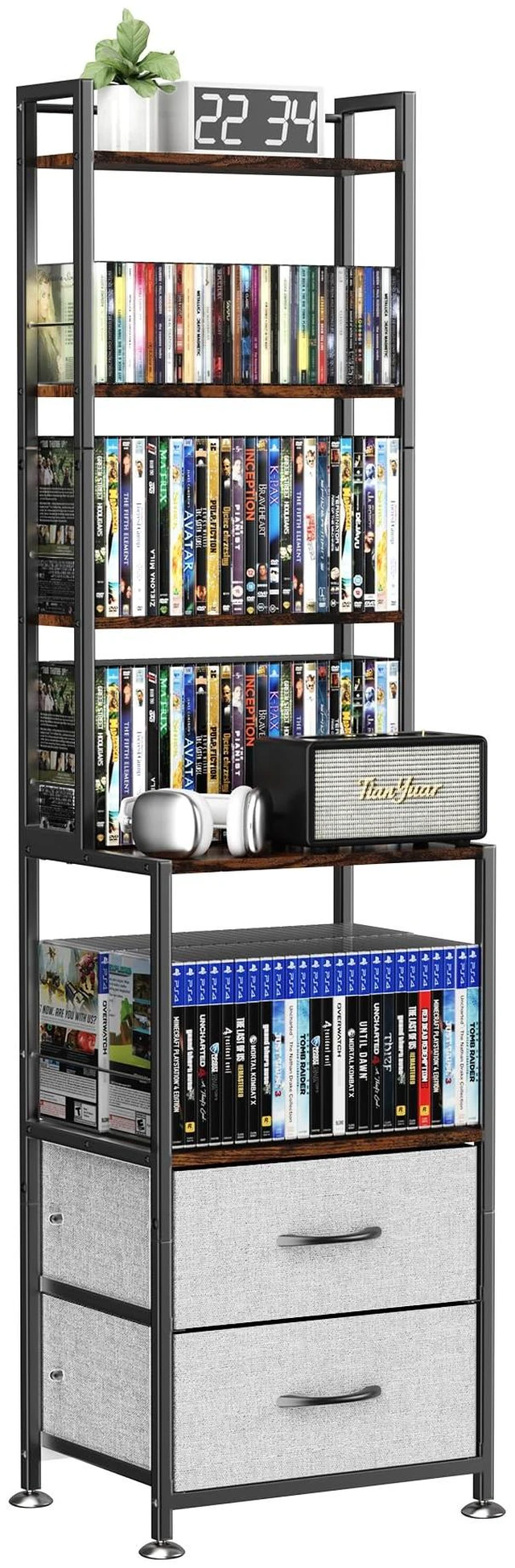 Main image of Mutli 7-Tier CD Holder Rack, DVD Storage Dispaly Shelf Grey DVD Holder, Media Shelf, Moive Room, CD Storage Tower, Grey Fabric Drawers, Modern, Large capacity