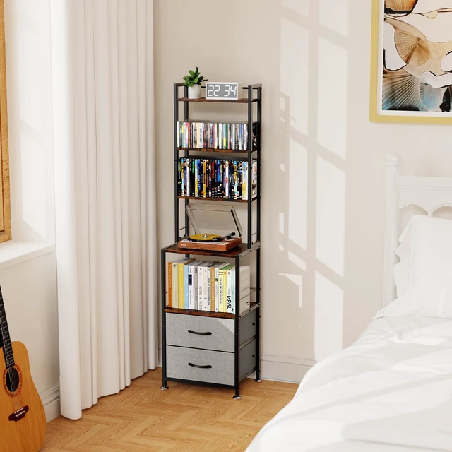 Alt view image 3 of 7 - Mutli 7-Tier CD Holder Rack, DVD Storage Dispaly Shelf Grey DVD Holder, Media Shelf, Moive Room, CD Storage Tower, Grey Fabric Drawers, Modern, Large capacity