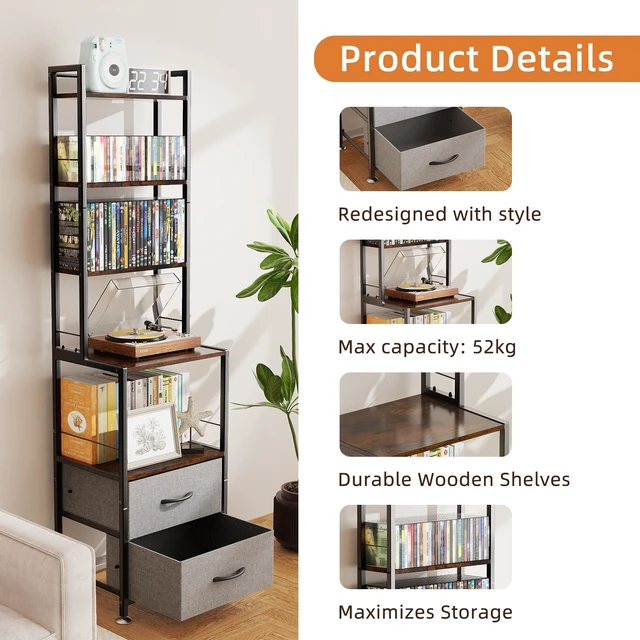 Alt view image 4 of 7 - Mutli 7-Tier CD Holder Rack, DVD Storage Dispaly Shelf Grey DVD Holder, Media Shelf, Moive Room, CD Storage Tower, Grey Fabric Drawers, Modern, Large capacity