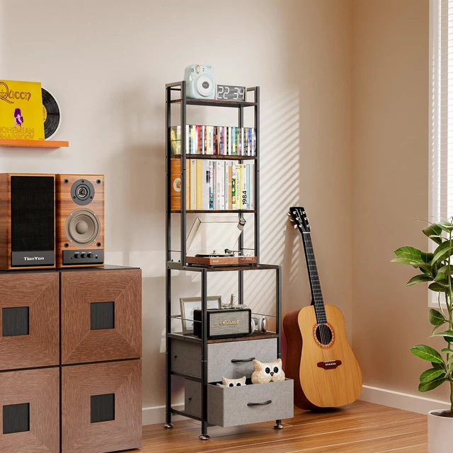 Alt view image 5 of 7 - Mutli 7-Tier CD Holder Rack, DVD Storage Dispaly Shelf Grey DVD Holder, Media Shelf, Moive Room, CD Storage Tower, Grey Fabric Drawers, Modern, Large capacity