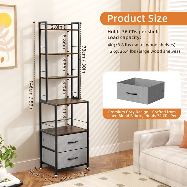 Alt view image 2 of 7 - Mutli 7-Tier CD Holder Rack, DVD Storage Dispaly Shelf Grey DVD Holder, Media Shelf, Moive Room, CD Storage Tower, Grey Fabric Drawers, Modern, Large capacity