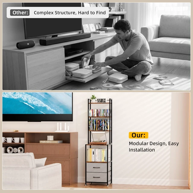 Alt view image 6 of 7 - Mutli 7-Tier CD Holder Rack, DVD Storage Dispaly Shelf Grey DVD Holder, Media Shelf, Moive Room, CD Storage Tower, Grey Fabric Drawers, Modern, Large capacity
