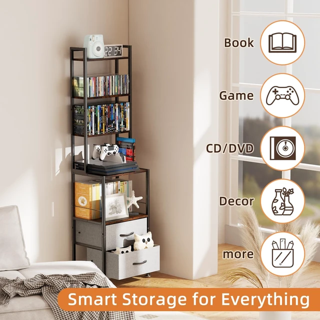 Alt view image 7 of 7 - Mutli 7-Tier CD Holder Rack, DVD Storage Dispaly Shelf Grey DVD Holder, Media Shelf, Moive Room, CD Storage Tower, Grey Fabric Drawers, Modern, Large capacity
