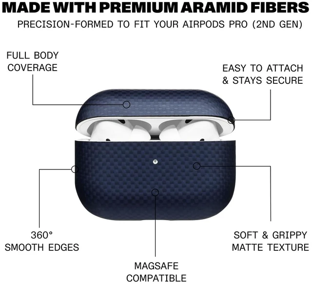 Alt view image 2 of 7 - for AirPods Pro 2 Ultra-Thin 0.6mm Aramid Fiber Case Lightweight 6g Hard Shell Slim Protective Cover Wireless Charging Compatible Matte Non-Slip Grip Blue Crosshatch