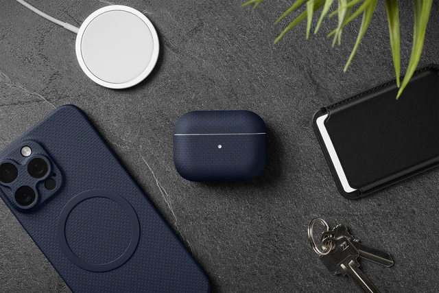 Alt view image 7 of 7 - for AirPods Pro 2 Ultra-Thin 0.6mm Aramid Fiber Case Lightweight 6g Hard Shell Slim Protective Cover Wireless Charging Compatible Matte Non-Slip Grip Blue Crosshatch