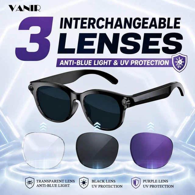 Alt view image 6 of 7 - AI Smart Glasses with 8MP Camera, 4K Ultra HD Photos & HD Video Recording, 14-Language Real-Time Translation, ChatGPT AI Assistant, 3 Interchangeable Lenses, Bluetooth 5.4 Open-Ear Audio