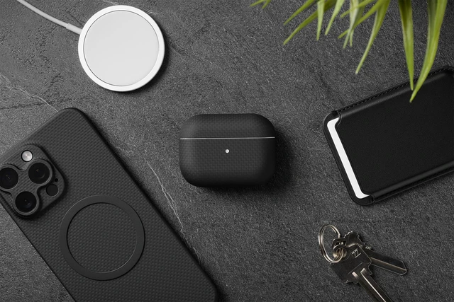 Alt view image 7 of 7 - for AirPods Pro 2 Ultra-Thin 0.6mm Aramid Fiber Case Lightweight 6g Hard Shell Slim Protective Cover Wireless Charging Compatible Matte Non-Slip Grip Black Crosshatch