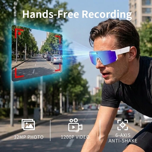 Alt view image 2 of 7 - AI Smart Glasses with Camera, 6-Axis Anti-Shake 1200P Stabilized Video, 32MP Photo, ChatGPT Voice Assistant, IP54 Water Resistant, Adjustable Fit Sports Sunglasses for Cycling, Vlog, Fishing