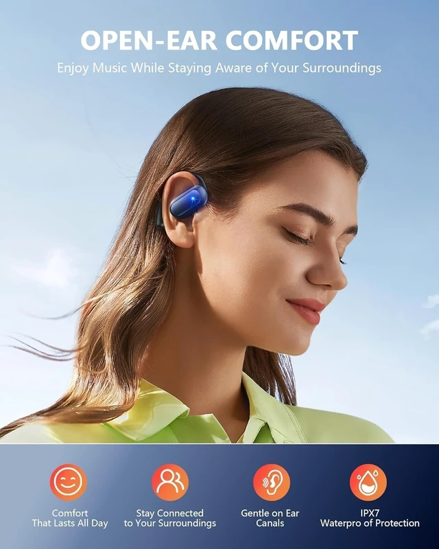 Alt view image 7 of 7 - Open Ear Earbuds Ultra Comfort Wireless Bluetooth 5.4 Headphones Over The Ear Earbuds with Intelligent Touch Screen EarHooks IPX7 Waterproof Bone Conduction Earphones for Fitness Sports