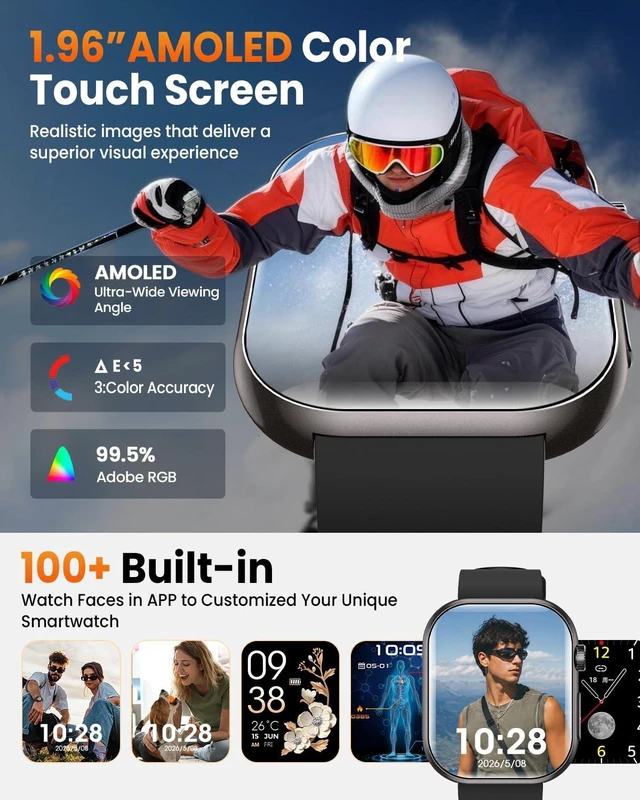 Alt view image 2 of 7 - Smart Watches for Men,1.96"AMOLED Health Smart Watch Fitness Trackers2Bands with Heart Rate/Blood Oxygen/Body Temperature/Blood Pressure/Sleep/Stress /Answer/Make Calls/for Android & iOS