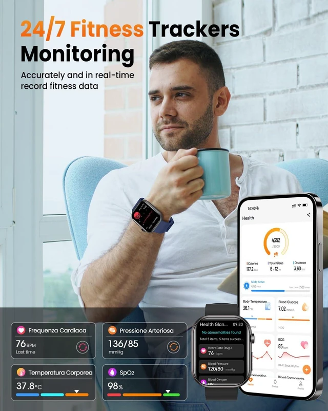Alt view image 6 of 7 - Smart Watches for Men,1.96"AMOLED Health Smart Watch Fitness Trackers2Bands with Heart Rate/Blood Oxygen/Body Temperature/Blood Pressure/Sleep/Stress /Answer/Make Calls/for Android & iOS