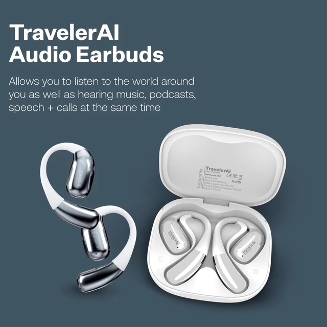 Alt view image 2 of 7 - TravelerAI Smart Translator Earbuds with Charging Case, Open-Ear Bluetooth 5.4, Real-Time AI Translation in 159+ Languages, White