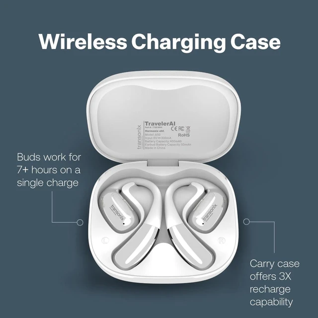 Alt view image 4 of 7 - TravelerAI Smart Translator Earbuds with Charging Case, Open-Ear Bluetooth 5.4, Real-Time AI Translation in 159+ Languages, White