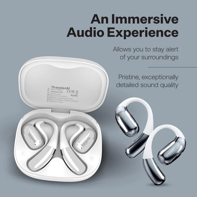 Alt view image 7 of 7 - TravelerAI Smart Translator Earbuds with Charging Case, Open-Ear Bluetooth 5.4, Real-Time AI Translation in 159+ Languages, White