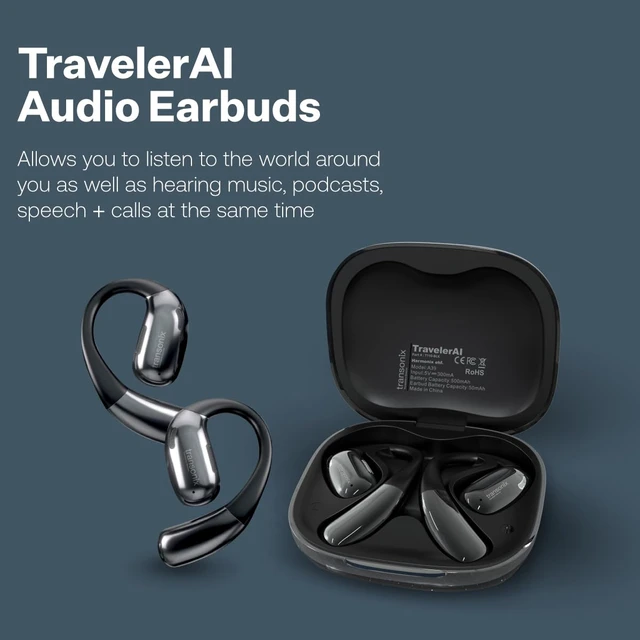 Alt view image 2 of 7 - TravelerAI Smart Translator Earbuds with Charging Case, Open-Ear Bluetooth 5.4, Real-Time AI Translation in 159+ Languages, Black