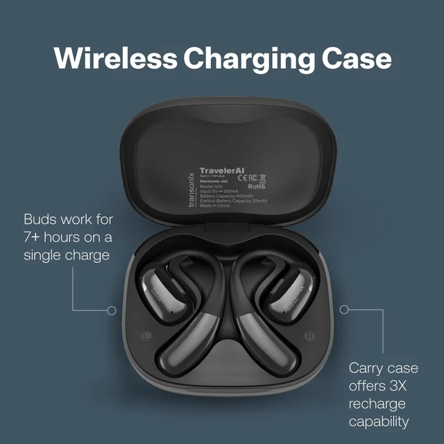 Alt view image 4 of 7 - TravelerAI Smart Translator Earbuds with Charging Case, Open-Ear Bluetooth 5.4, Real-Time AI Translation in 159+ Languages, Black