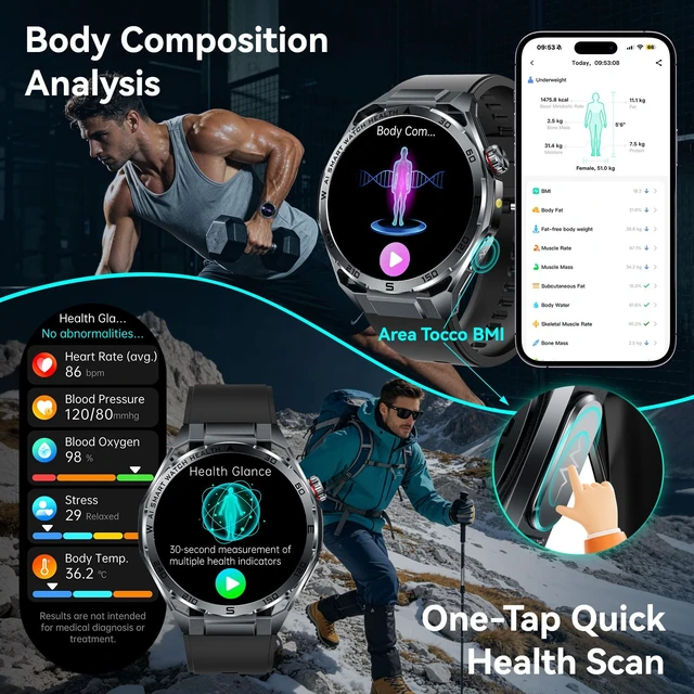 Alt view image 3 of 7 - 1.53" Military Smart Watch for Men with LED Flashlight & Bluetooth Calls Fitness Tracker, Body Composition Metrics, Fatigue Analysis, 100+ Sports Modes 24/7 Heart Rate/SpO2 Monitor, Sleep Tracker