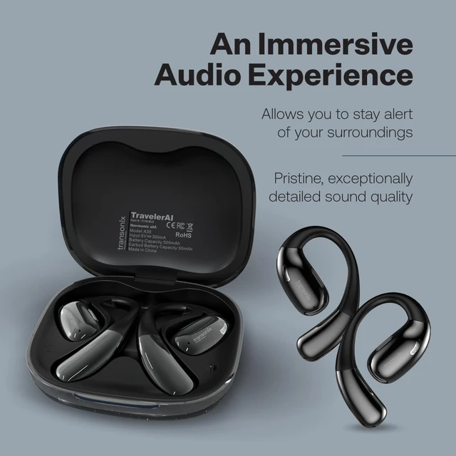 Alt view image 7 of 7 - TravelerAI Smart Translator Earbuds with Charging Case, Open-Ear Bluetooth 5.4, Real-Time AI Translation in 159+ Languages, Black